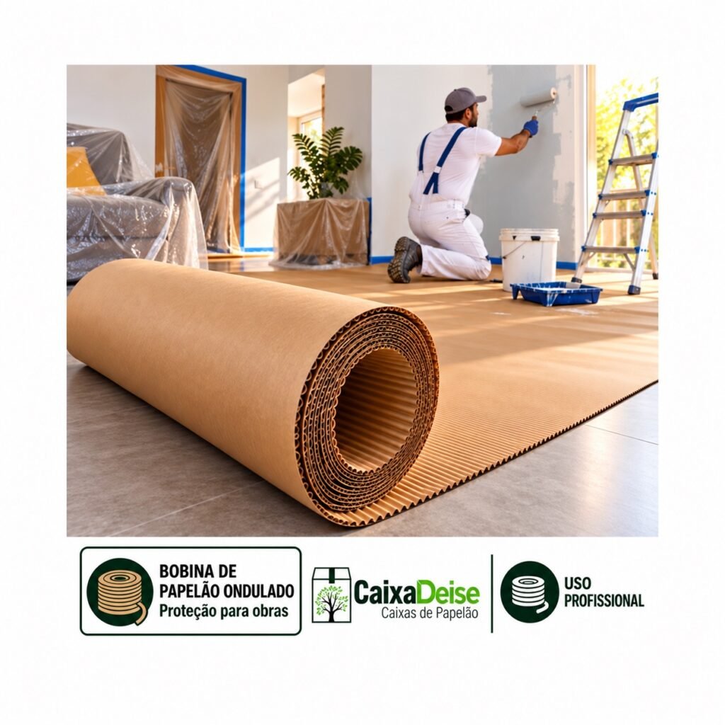 Bobina de papelão ondulado face simples protegendo piso durante obra e pintura