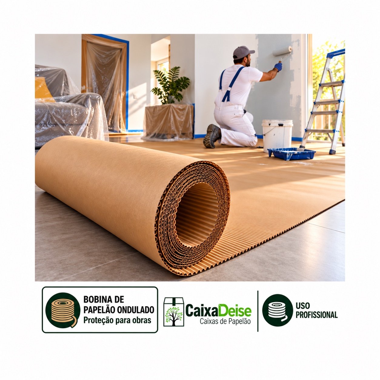 Bobina de papelão ondulado face simples protegendo piso durante obra e pintura