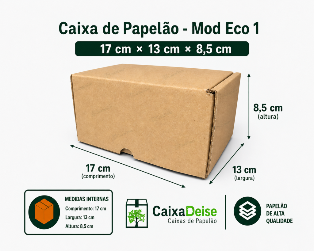 Caixa de papelão corte e vinco Eco 1, com medidas internas de 17 x 13 x 8,5 cm, em kraft/pardo.