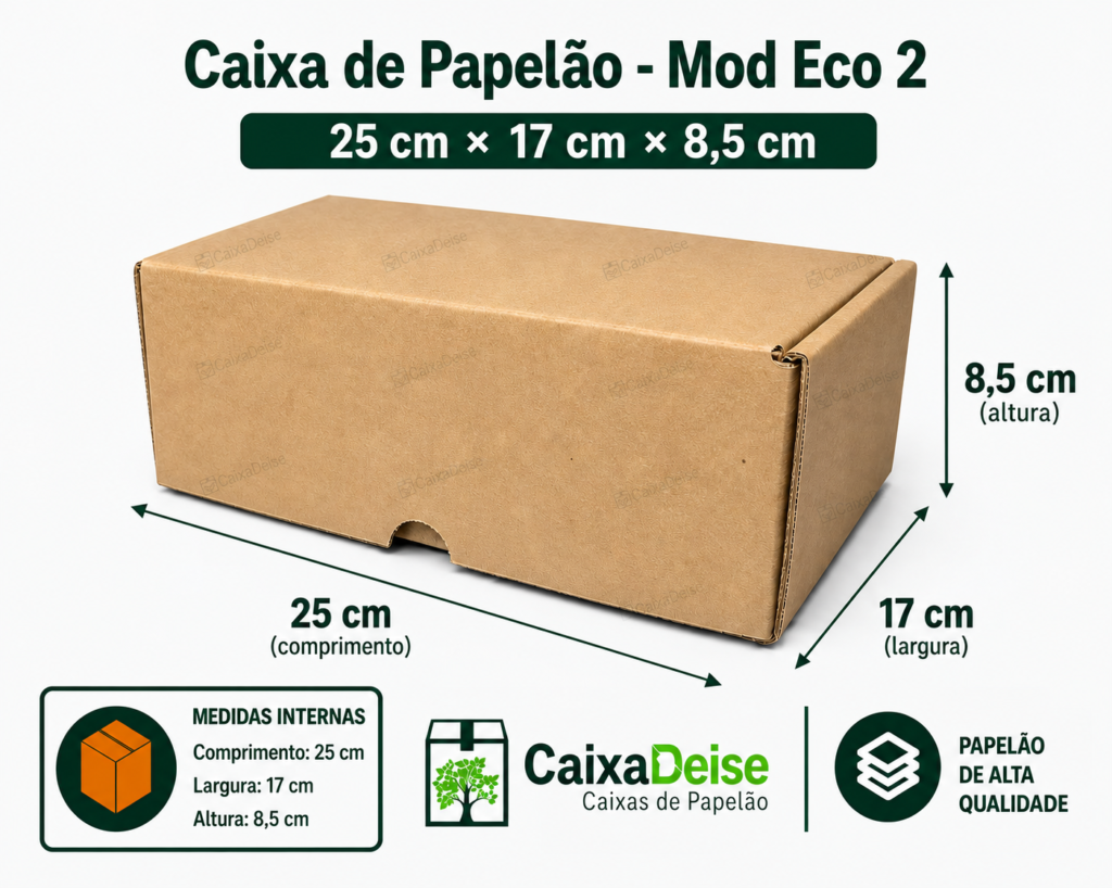 Caixa de papelão corte e vinco Eco 2, com medidas internas de 25 x 17 x 8,5 cm, em kraft/pardo.