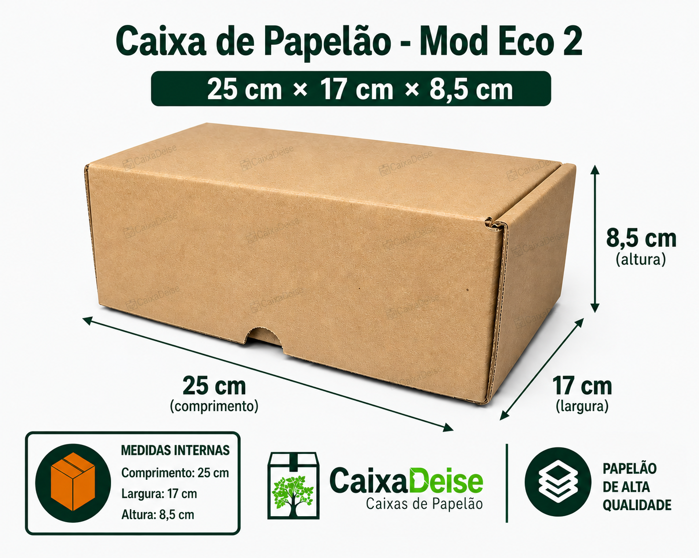 Caixa de papelão corte e vinco Eco 2, com medidas internas de 25 x 17 x 8,5 cm, em kraft/pardo.