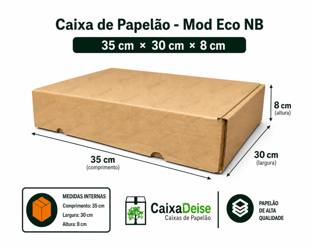 Caixa de papelão corte e vinco Eco NB, com medidas internas de 35 x 30 x 8 cm, em kraft/pardo.
