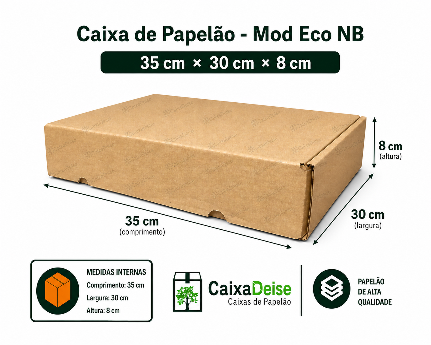 Caixa de papelão corte e vinco Eco NB, com medidas internas de 35 x 30 x 8 cm, em kraft/pardo.