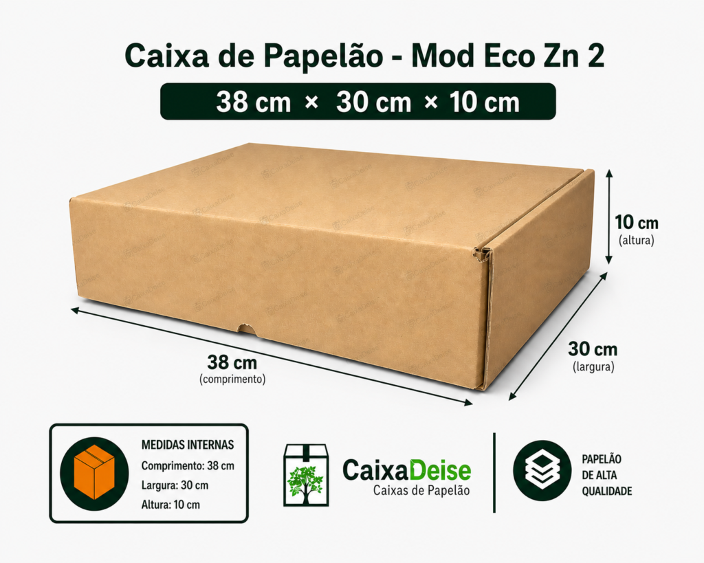 Caixa de papelão corte e vinco Eco Zn 2, com medidas internas de 38 x 30 x 10 cm, em kraft/pardo.