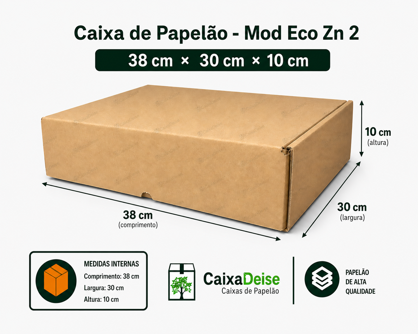 Caixa de papelão corte e vinco Eco Zn 2, com medidas internas de 38 x 30 x 10 cm, em kraft/pardo.