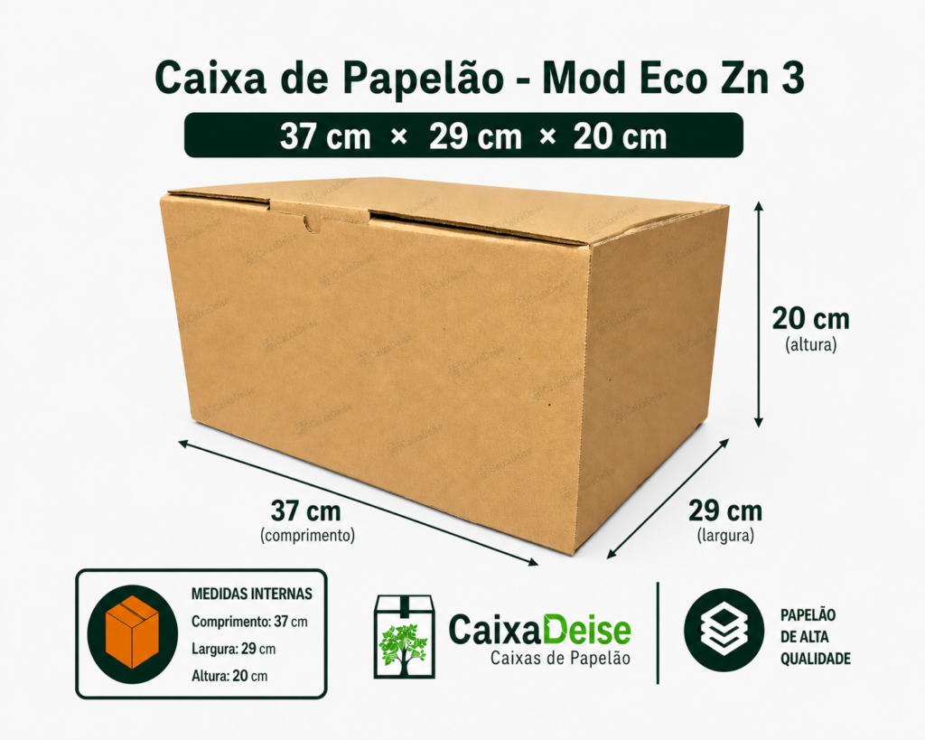 Caixa de papelão corte e vinco Eco Zn 3, com medidas internas de 37 x 29 x 20 cm, em kraft/pardo.
