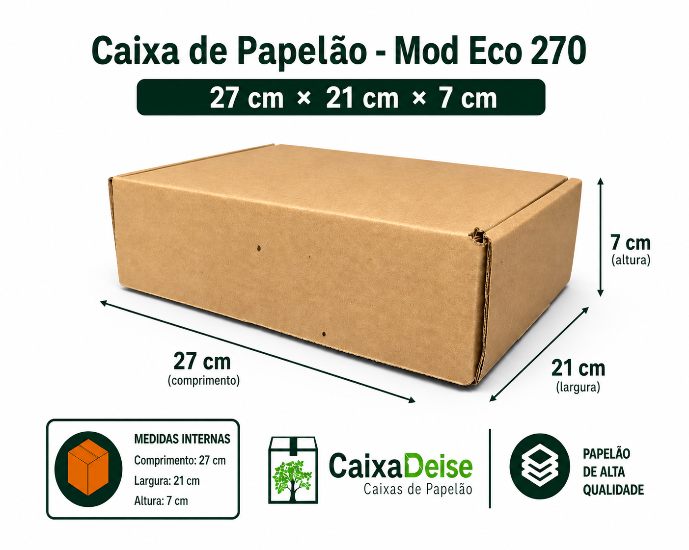 Caixa de papelão corte e vinco Eco 270, 27 x 21 x 7 cm