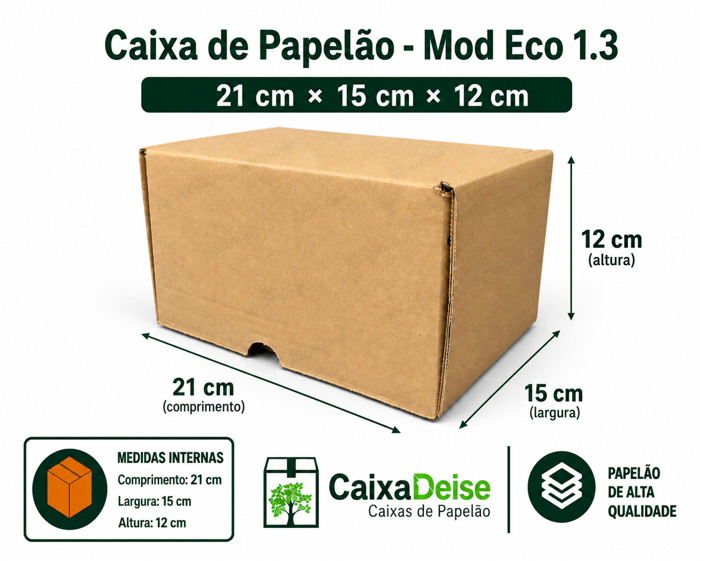 Caixa de papelão corte e vinco Eco 1.3, 21 x 15 x 12 cm
