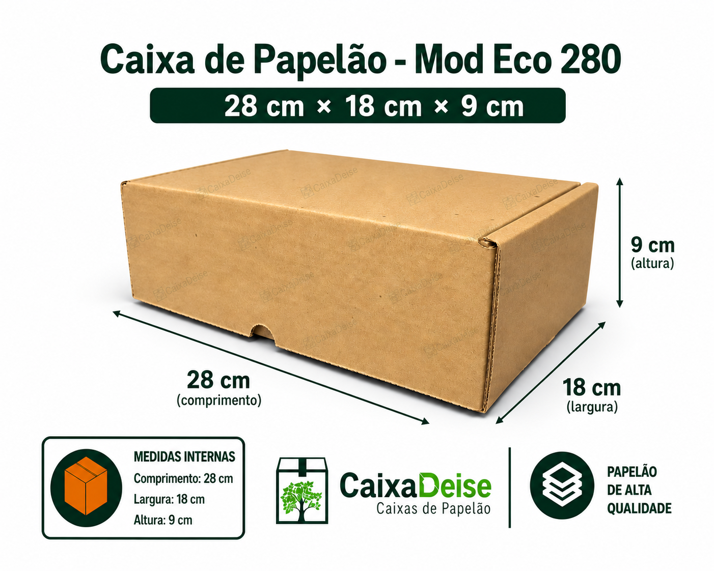 Caixa de papelão corte e vinco Eco 280, 28 x 18 x 9 cm