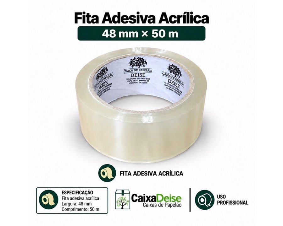 Fita adesiva acrílica transparente 48 mm x 50 m para fechamento de caixas de papelão