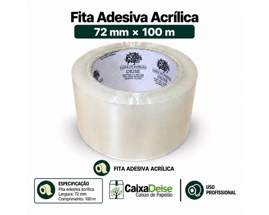 Fita adesiva acrílica transparente 72 mm x 100 m para fechamento de caixas de papelão