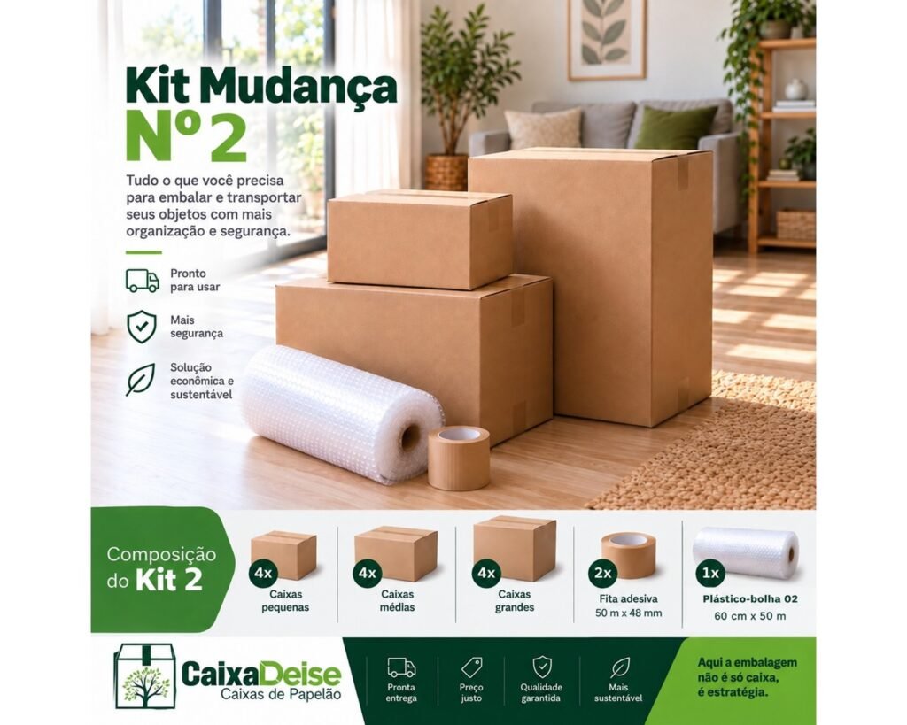 Kit para Mudança 2 completo, com doze caixas de papelão, duas fitas adesivas e plástico-bolha.
