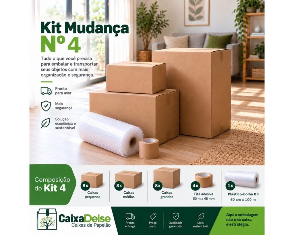 Kit para Mudança 4 completo, com vinte e quatro caixas de papelão, quatro fitas adesivas e plástico-bolha.