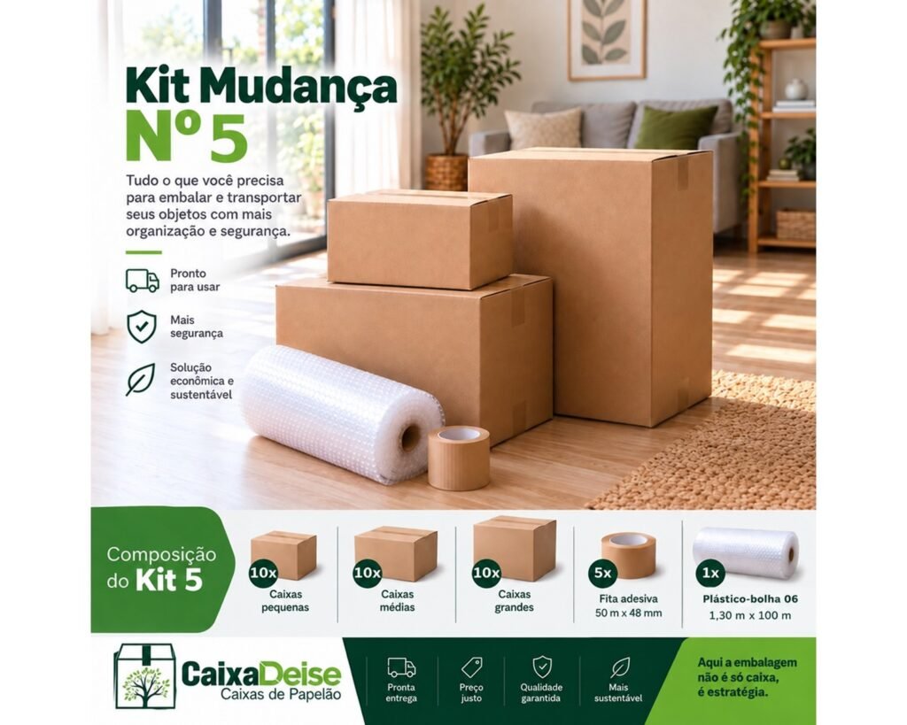 Kit para Mudança 5 completo, com trinta caixas de papelão, cinco fitas adesivas e plástico-bolha.