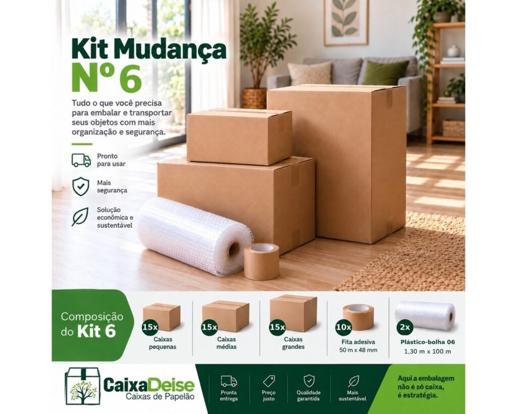 Kit para Mudança 6 completo, com quarenta e cinco caixas de papelão, dez fitas adesivas e dois plásticos-bolha.